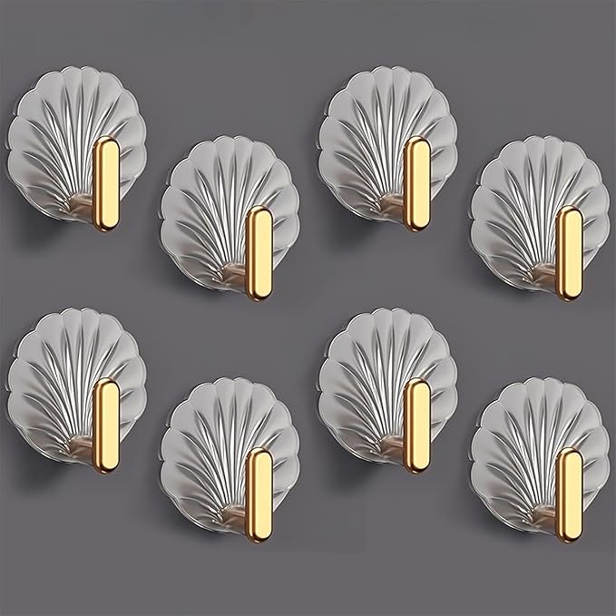 Adhesive Wall Hooks for Hanging | Self-Adhesive Heavy Duty Decorative Hooks | Modern Plastic & Metal Design | Ideal for Kitchen, Bathroom, Bedroom | Set of 4 (White-Gold)