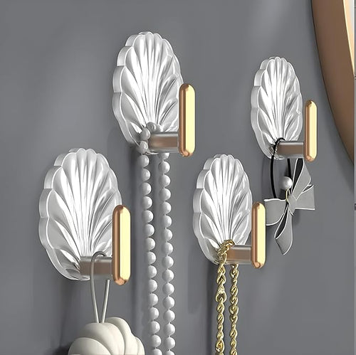 Adhesive Wall Hooks for Hanging | Self-Adhesive Heavy Duty Decorative Hooks | Modern Plastic & Metal Design | Ideal for Kitchen, Bathroom, Bedroom | Set of 4 (White-Gold)