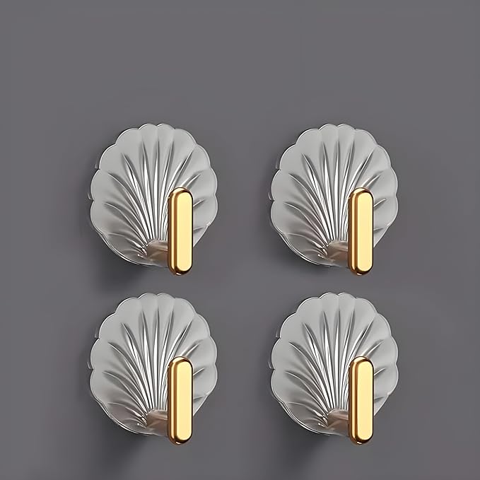 Adhesive Wall Hooks for Hanging | Self-Adhesive Heavy Duty Decorative Hooks | Modern Plastic & Metal Design | Ideal for Kitchen, Bathroom, Bedroom | Set of 4 (White-Gold)